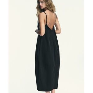 Zara 100% Cotton Bubble Voluminous Dress With Straps Midi Black Side Pockets M